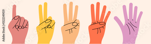 Set of hand gestures in various positions. Color trendy vector illustration. Index, middle, ring, little fingers and thumb
