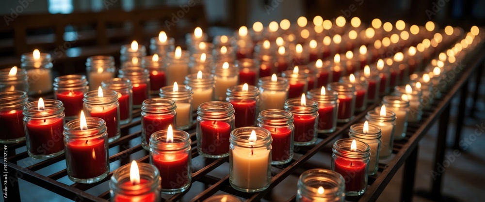 Many burning devotional candles or sacrificial candles in small jars inside a church. The candles are arranged on a dedicated candle holder, with the majority lit. Many burning devotional candles or sacrificial candles in small jars inside a church. The candles are arranged on a dedicated candle holder, with the majority lit.
