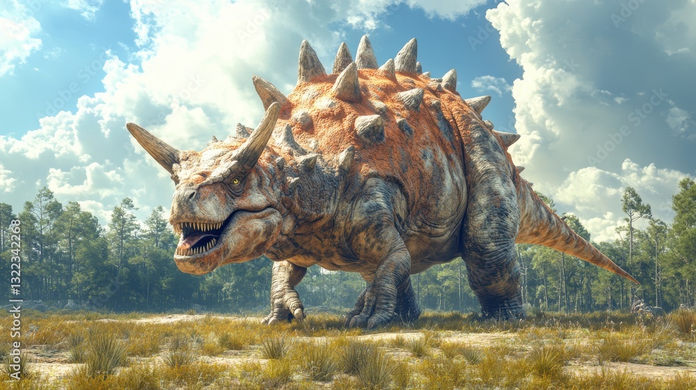 Fototapeta premium A meticulously crafted 3D rendering, capturing the intricate details of a Pachycephalosaurus, its thick skull and bony spikes, against a backdrop of a prehistoric savanna, offering a glimpse into the
