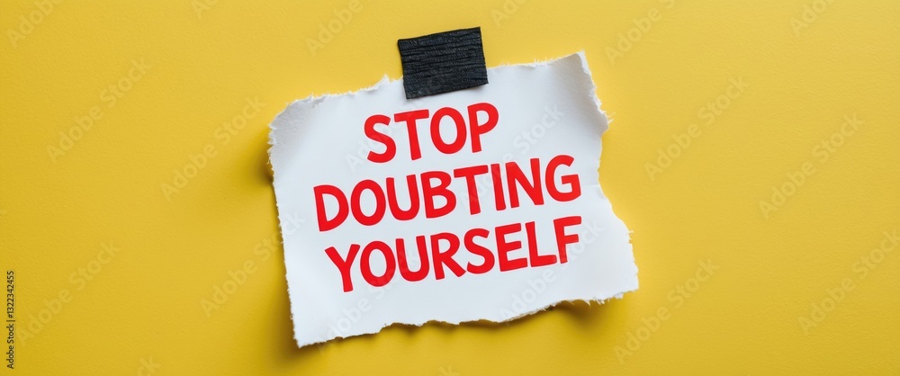Note on yellow background featuring handwritten text STOP DOUBTING YOURSELF, exploring the concept of a lack of confidence mindset that obstructs success and can lead to imposter syndrome or self-s...