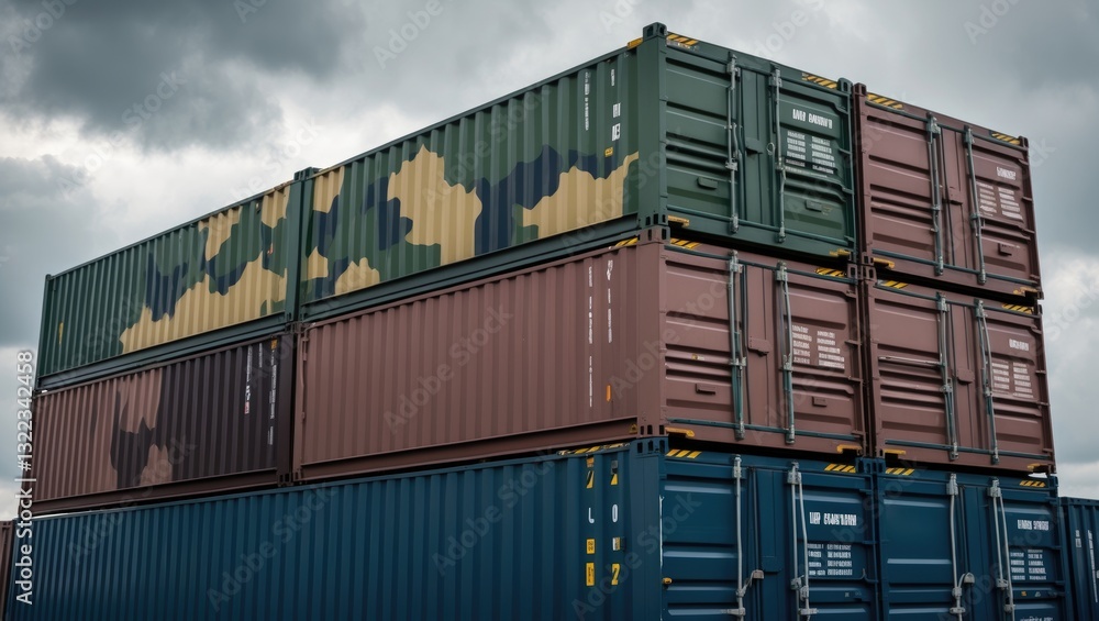 Military shipping containers hold weapons or specialized stacked cargo containers. Army logistic warfare armor concept.