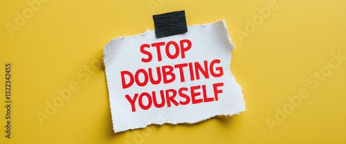 Note on yellow background featuring handwritten text STOP DOUBTING YOURSELF, exploring the concept of a lack of confidence mindset that obstructs success and can lead to imposter syndrome or self-s...
