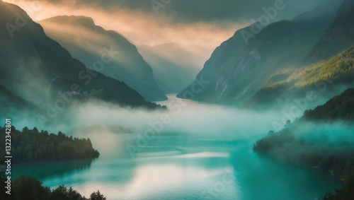 Lovatnet Lake, located in the Stryn municipality, offers breathtaking summer views that appear vibrant in the morning, showcasing the beauty of the natural world. photo