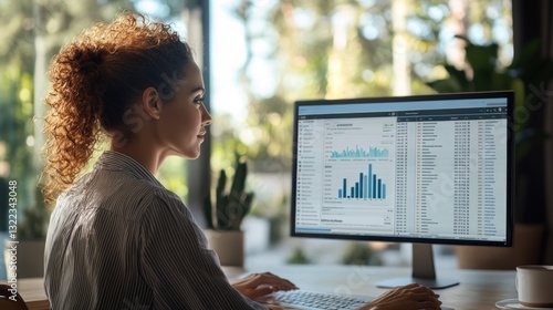 Focused Woman Analyzing Data on Computer Screen