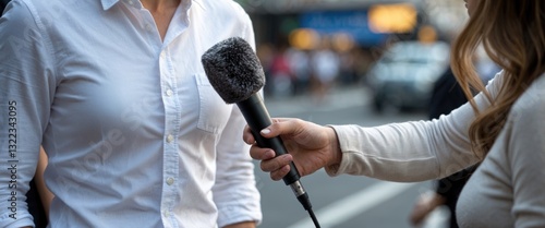 Closeup of news journalist with microphone conducting an interview on the street