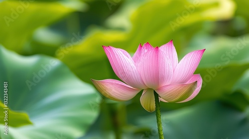   Pink lotus flower close-up on green water lilies background
