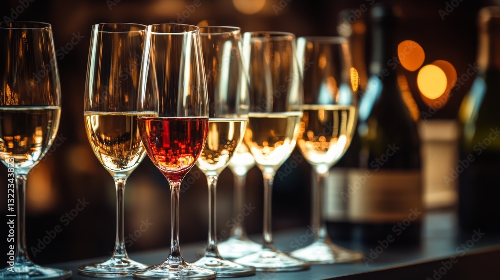 Collection of sparkling glasses filled with various wines and champagne on a bar setting during an evening gathering Collection of sparkling glasses filled with various wines and champagne on a bar setting during an evening gathering