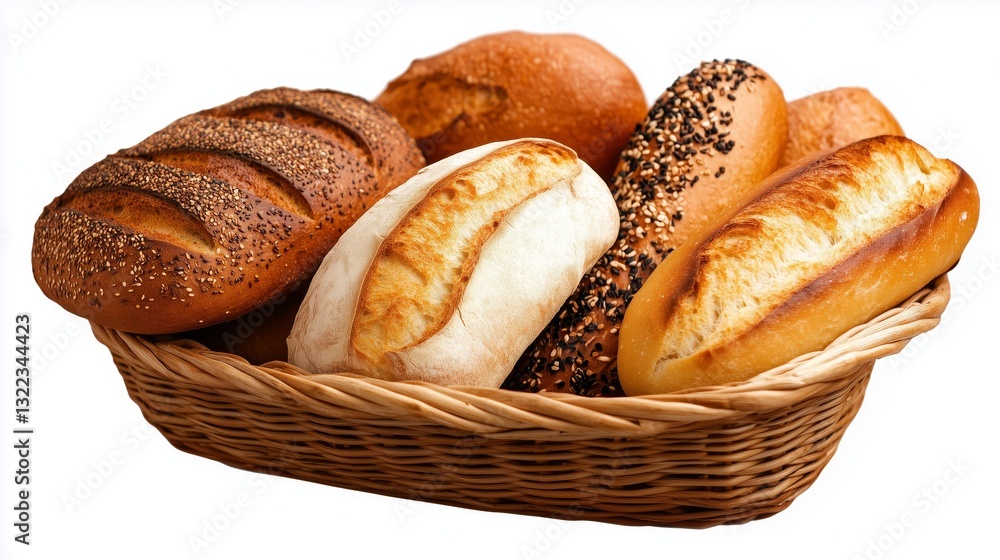 Basket of Artisan Breads: A rustic basket overflows with a tempting assortment of freshly baked artisan breads, capturing the essence of a cozy bakery or home kitchen. Basket of Artisan Breads: A rustic basket overflows with a tempting assortment of freshly baked artisan breads, capturing the essence of a cozy bakery or home kitchen.