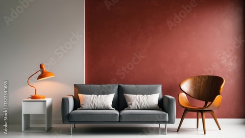 Modern claret red wall feature with a white background, gray sofa and cushions, white bookshelf, center table, and orange lamp design, including frames and chair decor.
