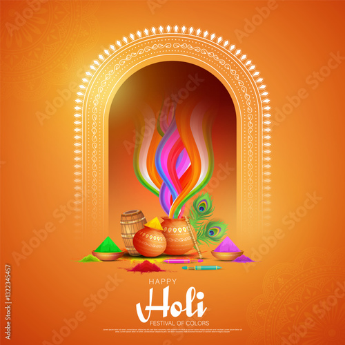 Happy holi festival poster template design with holi powder color pots on orange color background.