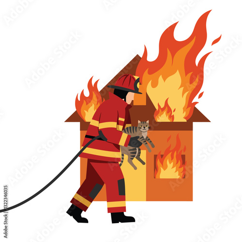 Firefighter rescuing a cat from a burning house in flat vector art