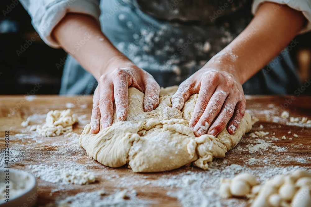 Baker kneading dough on floured wooden table, close-up of hands, detailed view of baking process Baker kneading dough on floured wooden table, close-up of hands, detailed view of baking process