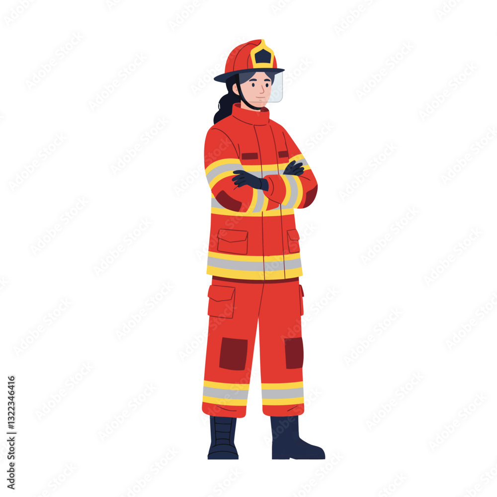 Firefighter character design in flat style showcasing bravery and readiness vector illustration Firefighter character design in flat style showcasing bravery and readiness vector illustration