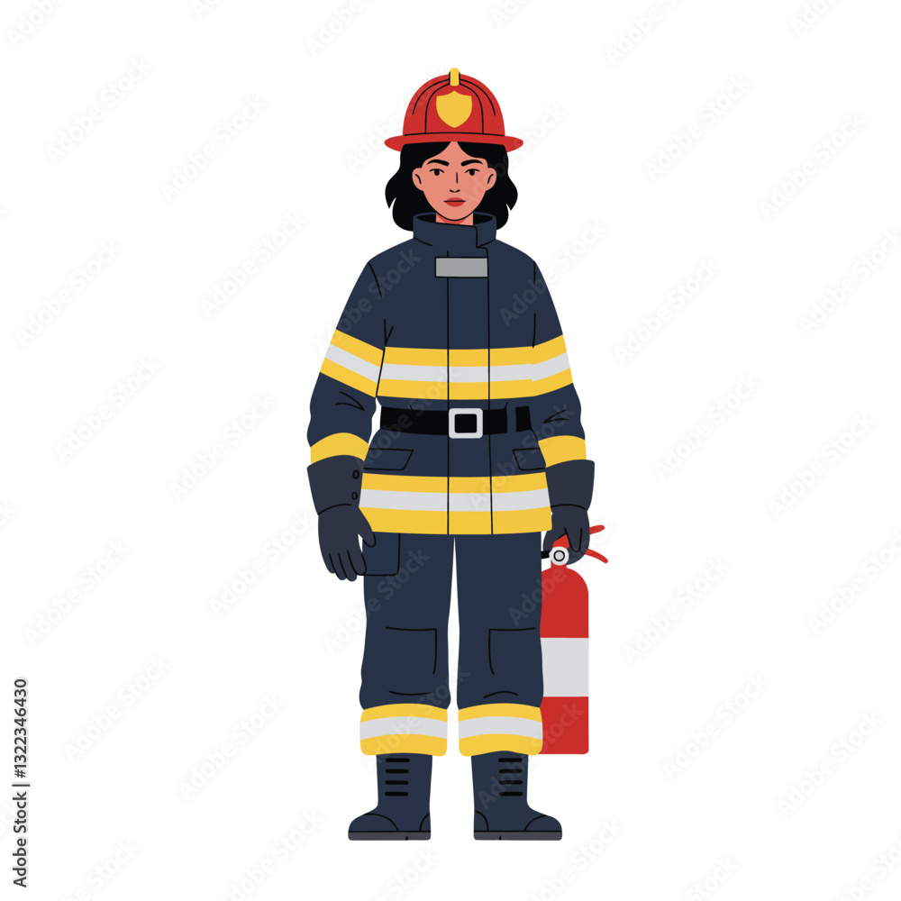 Fototapeta premium Female firefighter in protective gear with fire extinguisher in flat vector art