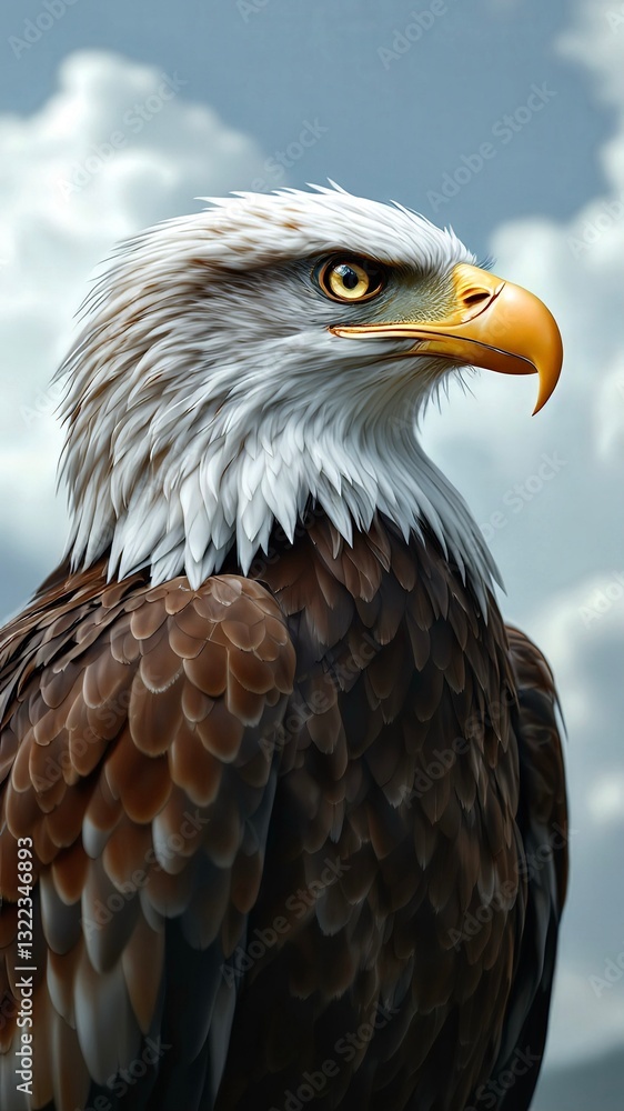Close-up of a majestic bald eagle staring intensely with piercing eyes, its white head and brown feathers contrasting against a cloudy sky, creating a powerful image of wildlife