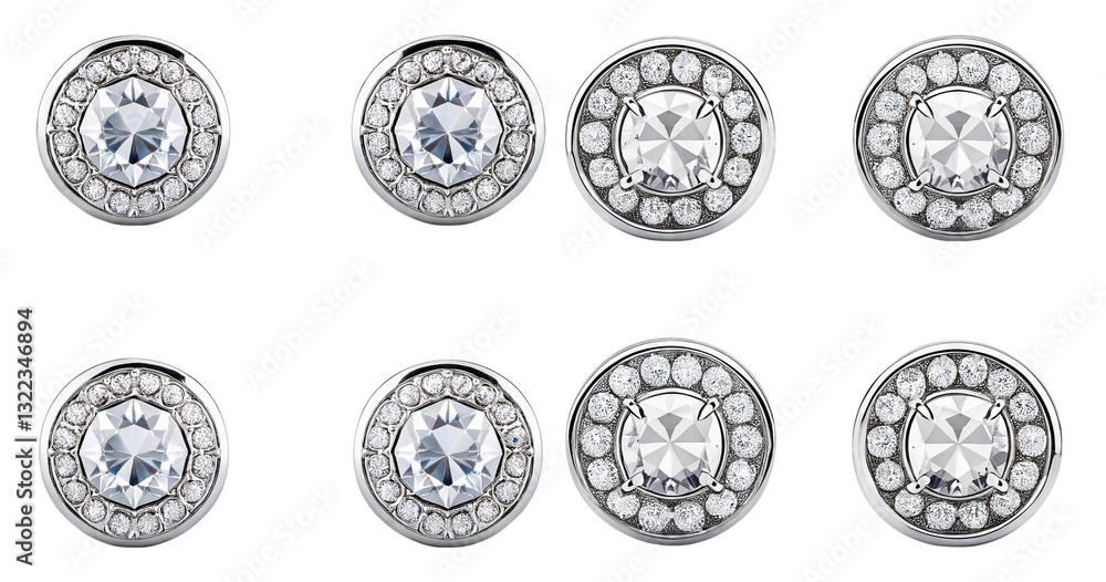 Elegant Round Silver Jewelry Buttons with Sparkling Crystals, Bundle Set Collection, Isolated on Transparent Background Elegant Round Silver Jewelry Buttons with Sparkling Crystals, Bundle Set Collection, Isolated on Transparent Background