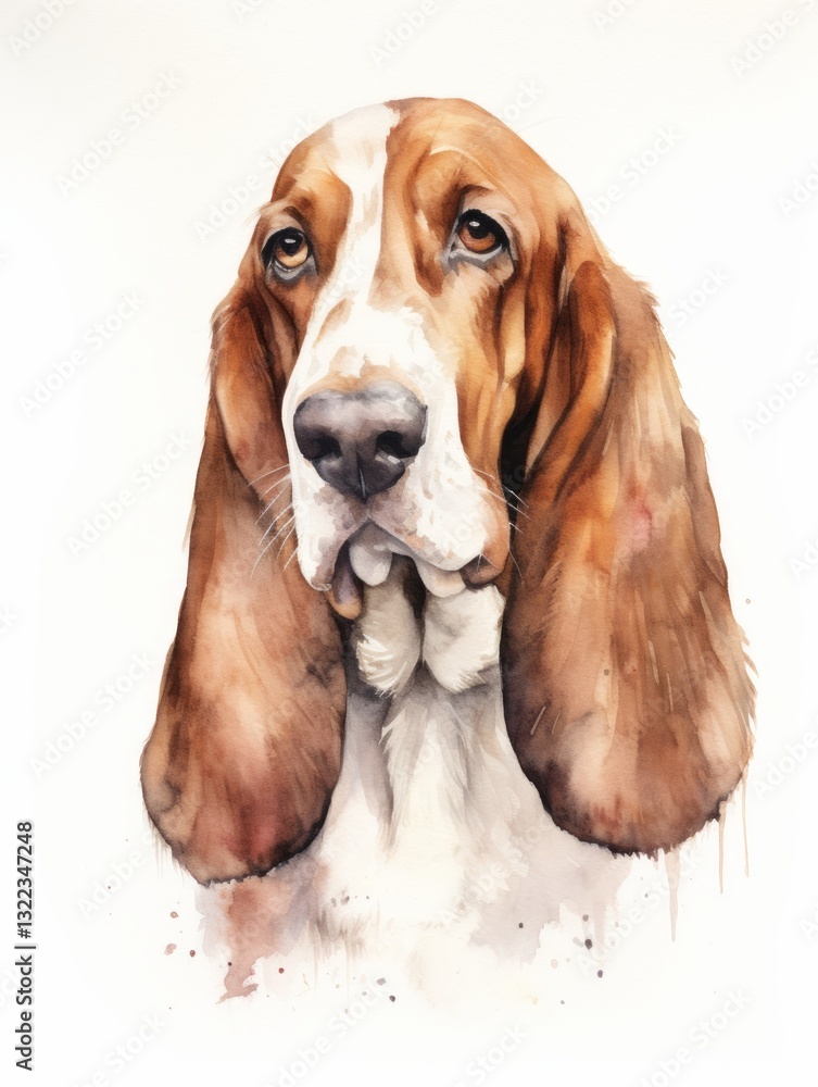 Basset Hound Dog with Long Floppy Ears in Watercolor Illustration on White Background Basset Hound Dog with Long Floppy Ears in Watercolor Illustration on White Background