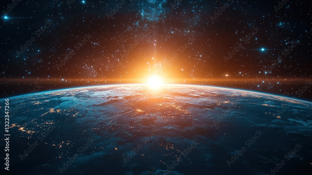 Fototapeta premium Sunrise over Earth from space, showing city lights and stars.