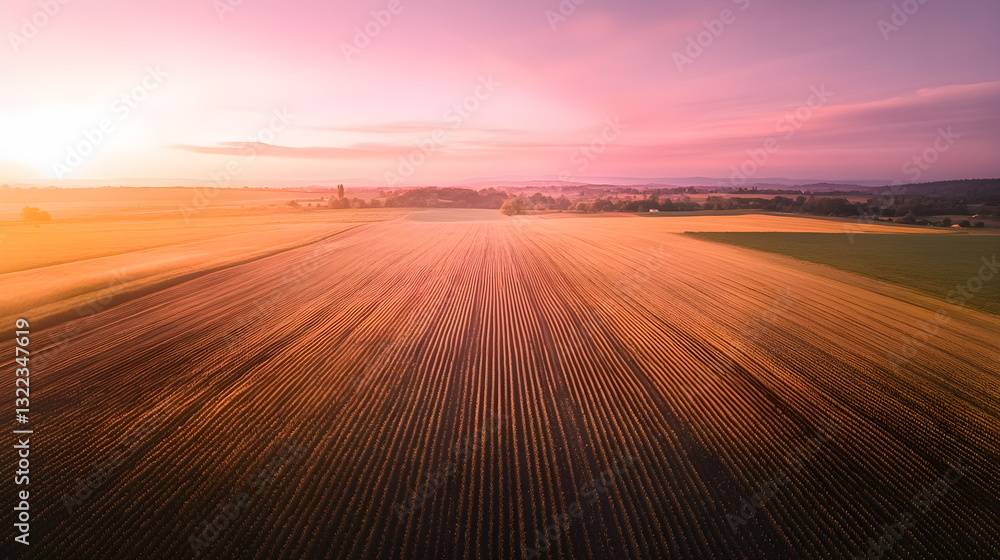 Naklejka premium Stunning sunset over a large golden wheat field on a summer day, the sun colors everything in orange-pink colors. Harvest time in the countryside. Wheat harvest. Farming.