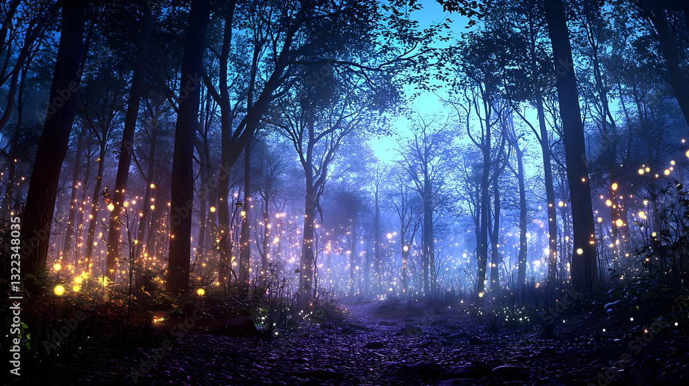 Obraz premium Enchanted Forest Scene with Tall Tree Silhouettes Under a Twilight Sky Illuminated by Glowing Lights Along a Winding Path Creating a Mystical and