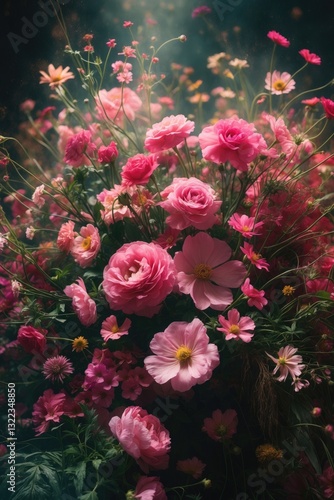 Wallpaper Mural lush arrangement of pink garden blooms and wildflowers set against a dark backdrop, floral summer design element or motif Torontodigital.ca