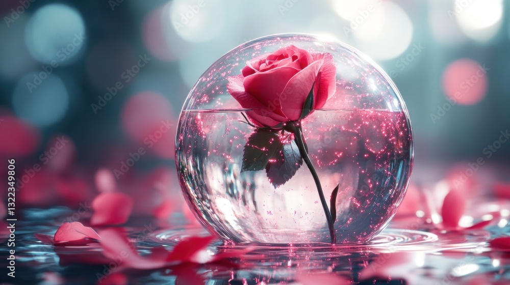Pink rose in a crystal sphere, surrounded by petals Pink rose in a crystal sphere, surrounded by petals