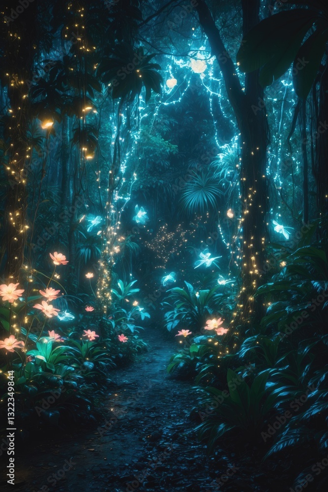 Fototapeta premium Illuminated mystical lights in the jungle at night. Uniquely lit woodland.