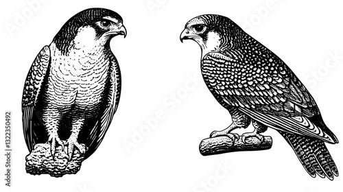 Detailed engraved illustration of two majestic falcons, showcasing their unique features and grace in a striking tattoo style
