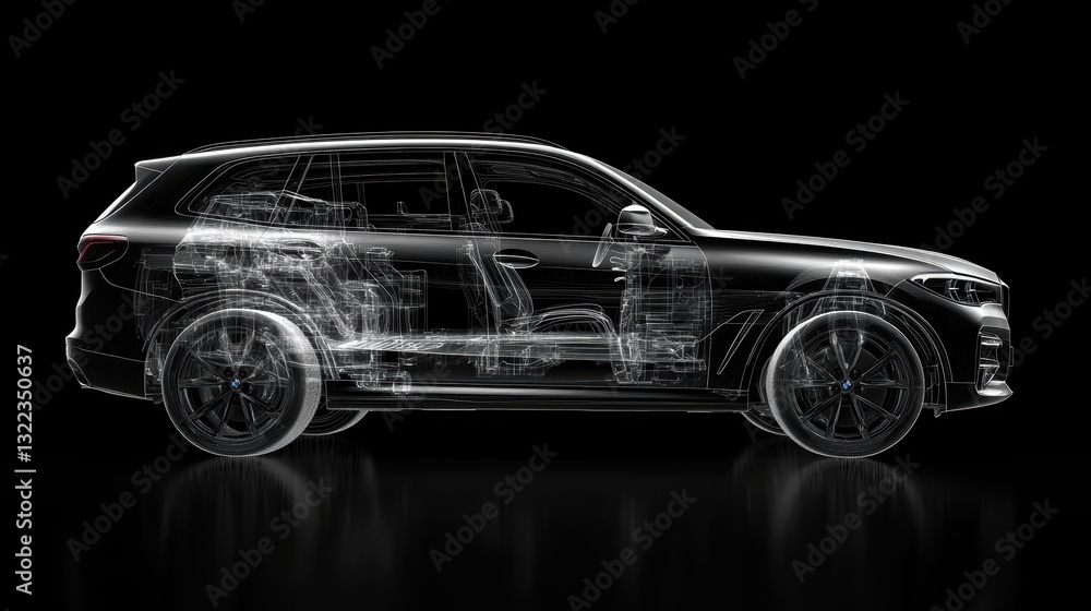 Fototapeta premium A sleek, black 3D SUV, its interior illuminated by an X-ray effect revealing its intricate internal structure, including its meticulously crafted airbag system.