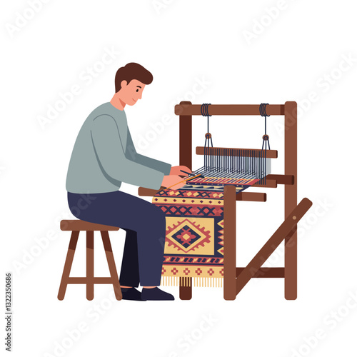 Weaver working on traditional loom with detailed patterns in flat vector illustration