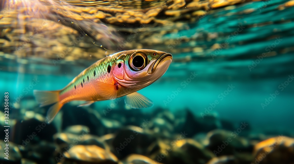 Fototapeta premium Underwater Beauty: A close-up shot of a vibrant rainbow trout swims elegantly beneath the water's surface, its colorful scales shimmering in the filtered sunlight.