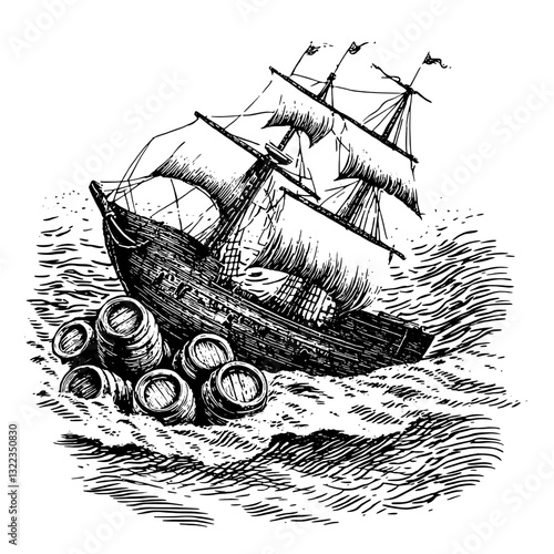 Engraved illustration of a vintage ship navigating turbulent waters with barrels on waves