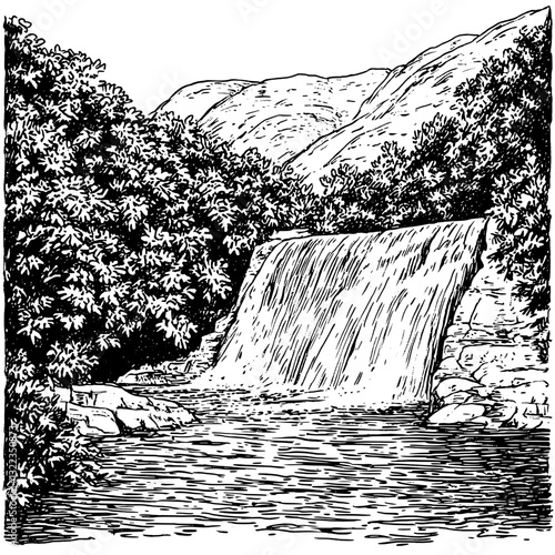 Engraved illustration of a serene waterfall nestled among lush trees and majestic mountains in a tranquil landscape