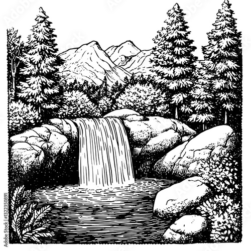 Elegant engraved waterfall amidst towering trees and distant mountains, inspiring nature lovers and artisans alike