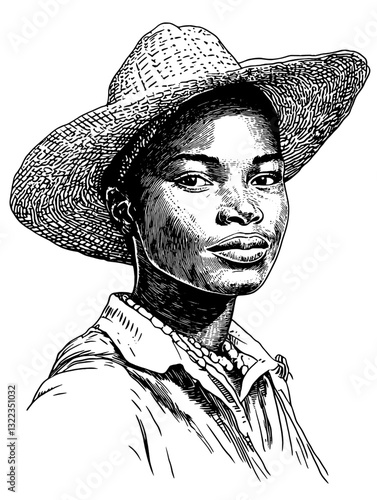 Engraved illustration of a young person wearing a straw hat and necklace in a rural setting