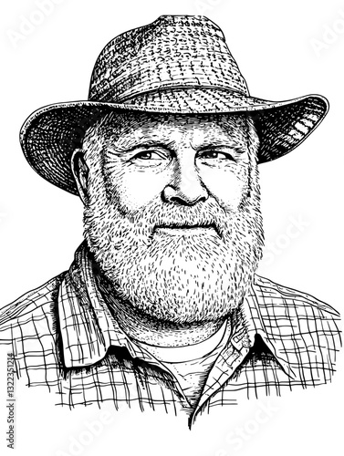 Engraved portrait of a bearded man wearing a straw hat, showcasing intricate tattoo-style details for artistic inspiration