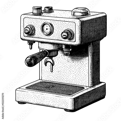 Engraved vintage coffee machine illustration perfect for tattoo or packaging design highlighting artisan craftsmanship