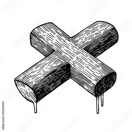 Unique engraved vector illustration of a stylized cross design featuring dripping elements for tattoo and packaging inspiration