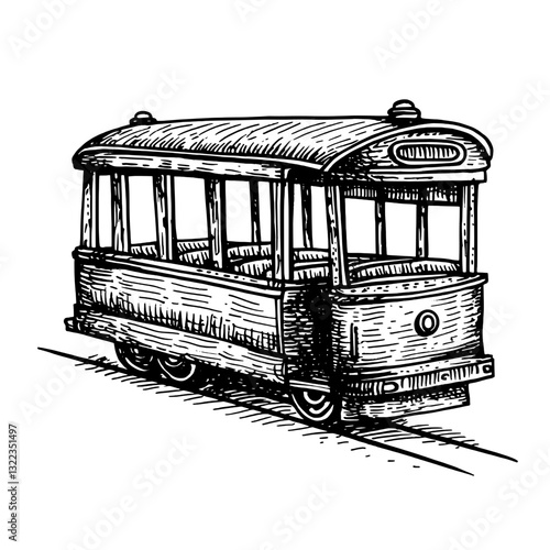 Vintage engraved tram illustration perfect for tattoo designs and packaging concepts with a nostalgic touch