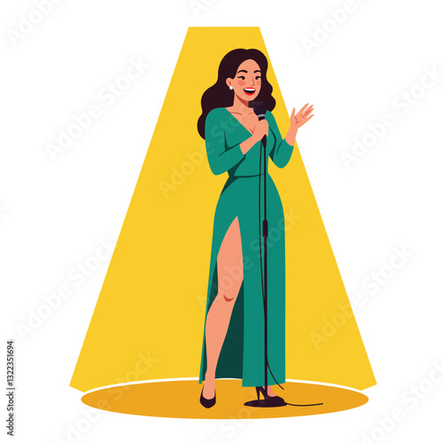 Woman singing on stage with microphone in flat vector illustration