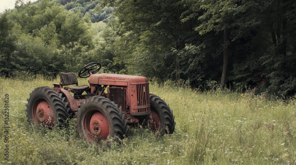 An aged tractor rests in a verdant meadow surrounded by lush trees, presenting a picturesque scene of pastoral beauty and vintage allure. An aged tractor rests in a verdant meadow surrounded by lush trees, presenting a picturesque scene of pastoral beauty and vintage allure.