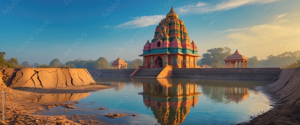 Old Village Rokdoba Hanumaan Mandir exterior view. Perspective of the dried Dam of Rockdoba. Located by the riverbank.