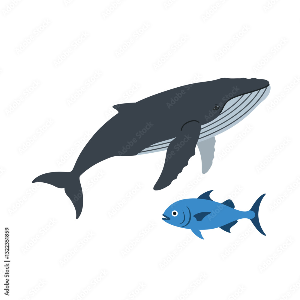 Whale swimming next to small fish in flat vector illustration style Whale swimming next to small fish in flat vector illustration style