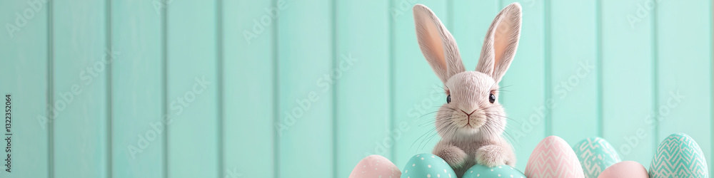 Fototapeta premium Cute bunny surrounded by pastel colored eggs
