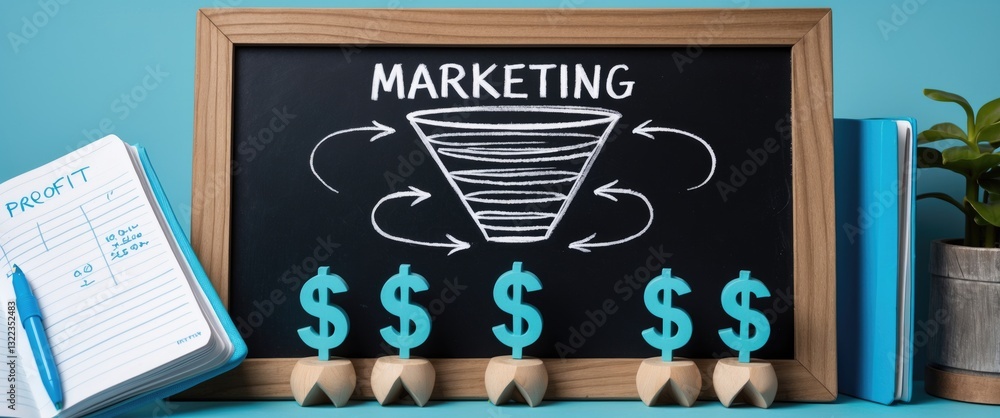 Marketing sales funnel illustrated on a chalkboard with figurines.