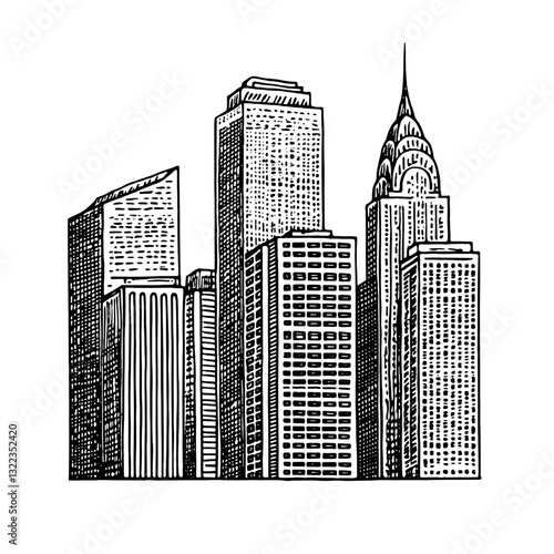 Artistic vector illustration of iconic skyscrapers in a vibrant urban landscape, capturing the essence of modern architecture and urban life