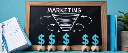 Marketing sales funnel illustrated on a chalkboard with figurines.