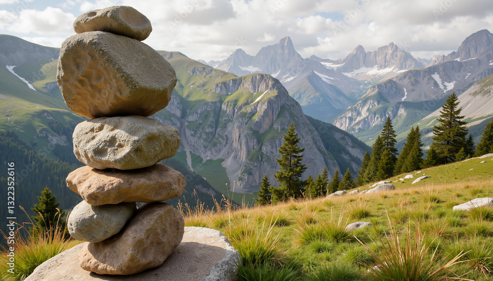 Stacked stones against scenic mountain landscape Stacked stones against scenic mountain landscape
