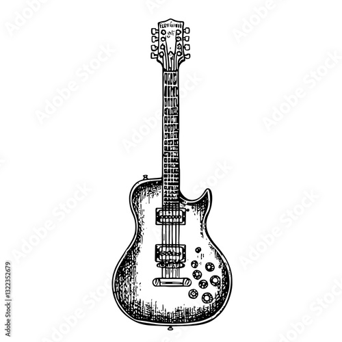 Engraved vector illustration of an electric guitar perfect for tattoo design and packaging