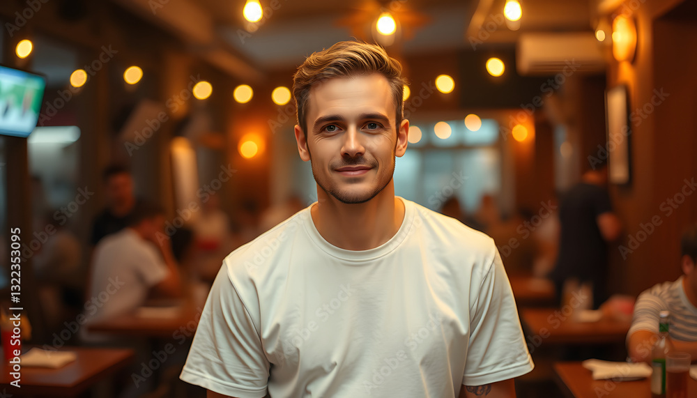 Fototapeta premium Man wearing minimal white t-shirt, dinamic scene. White tone